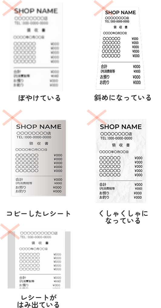 無効レシートの例：ぼやけている／斜めになっている／コピーしたレシート／くしゃくしゃになっている／レシートがはみ出ている